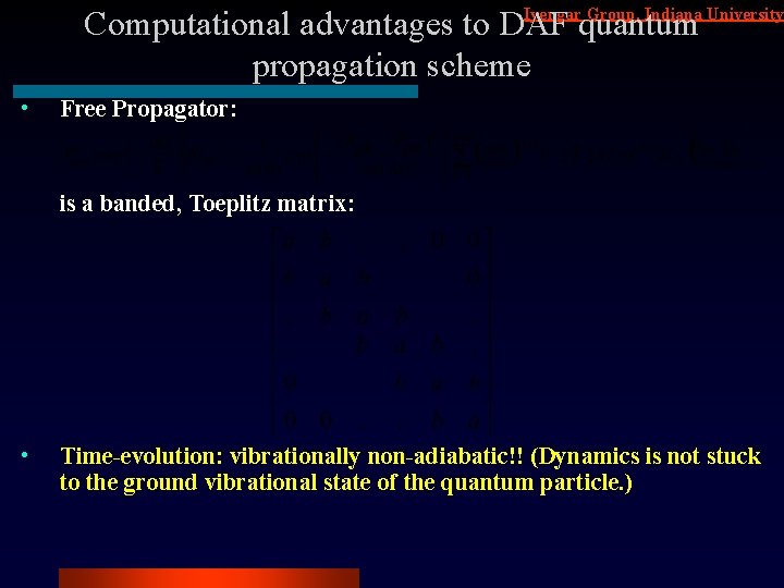 Iyengar Group, Indiana University Computational advantages to DAF quantum propagation scheme • Free Propagator: