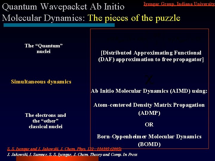 Iyengar Group, Indiana University Quantum Wavepacket Ab Initio Molecular Dynamics: The pieces of the