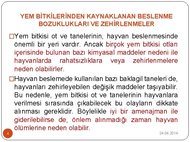 YEM BİTKİLERİNDEN KAYNAKLANAN BESLENME BOZUKLUKLARI VE ZEHİRLENMELER �Yem bitkisi ot ve tanelerinin, hayvan beslenmesinde