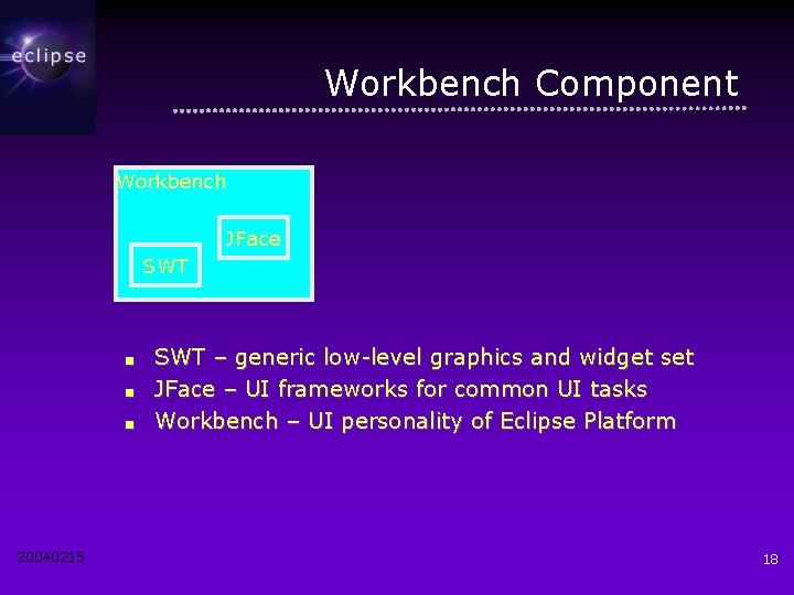 Workbench Component Workbench JFace SWT ■ ■ ■ 20040215 SWT – generic low-level graphics