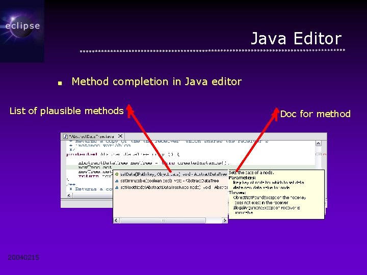 Java Editor ■ Method completion in Java editor List of plausible methods 20040215 Doc