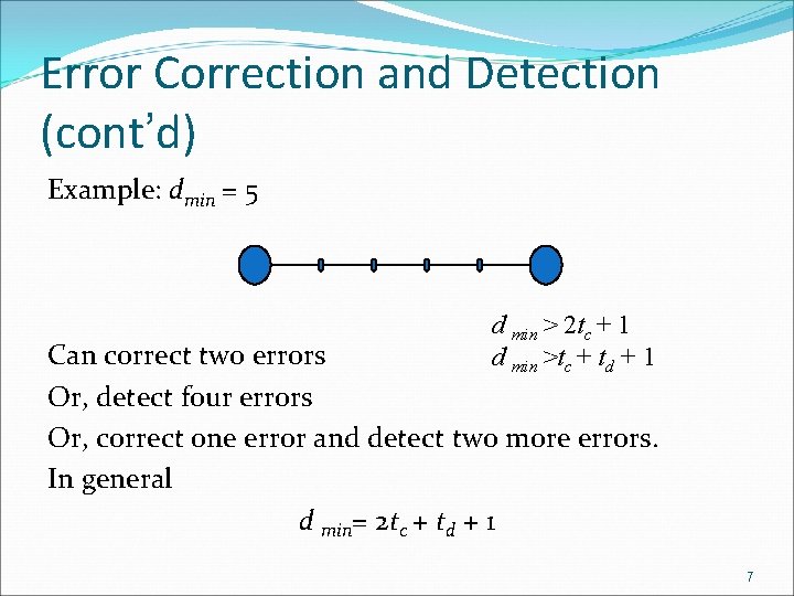 Error Correction and Detection (cont’d) Example: dmin = 5 d min > 2 tc Error Correction and Detection (cont’d) Example: dmin = 5 d min > 2 tc
