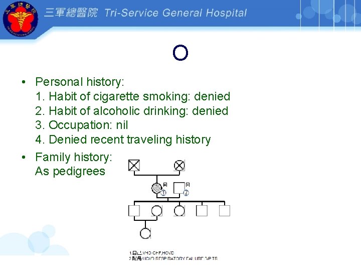 O • Personal history: 1. Habit of cigarette smoking: denied 2. Habit of alcoholic