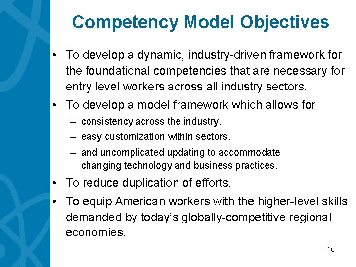 Competency Model Objectives • To develop a dynamic, industry-driven framework for the foundational competencies