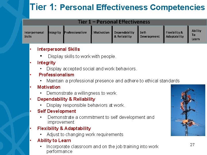 Tier 1: Personal Effectiveness Competencies Tier 1 – Personal Effectiveness Interpersonal Skills • Integrity