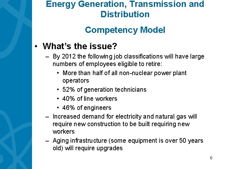 Energy Generation, Transmission and Distribution Competency Model • What’s the issue? – By 2012