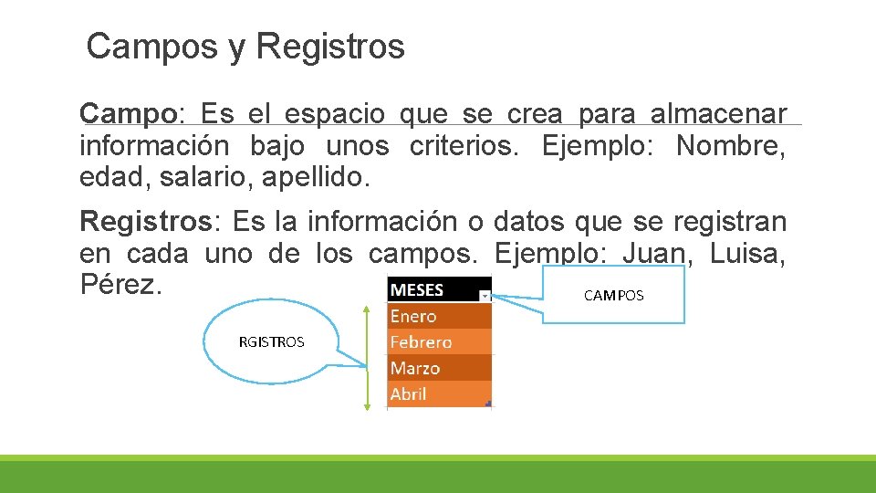 Campos y Registros Campo: Es el espacio que se crea para almacenar información bajo