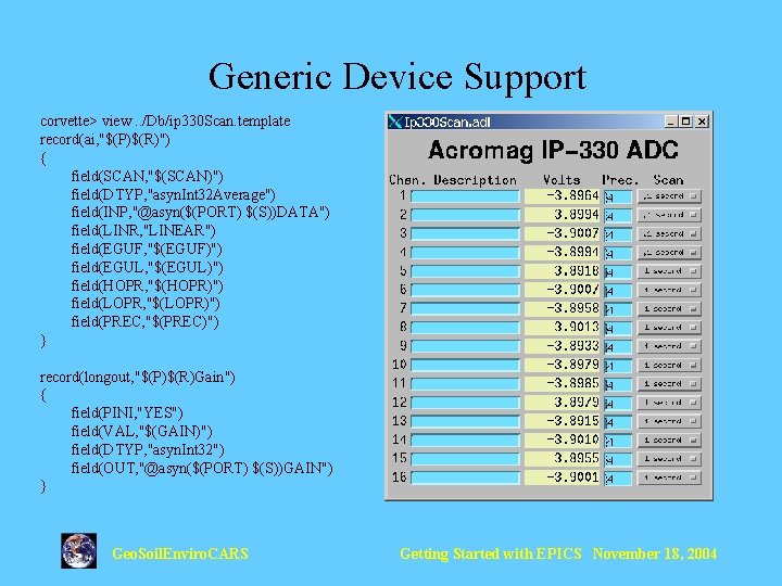 Generic Device Support corvette> view. . /Db/ip 330 Scan. template record(ai, "$(P)$(R)") { field(SCAN,