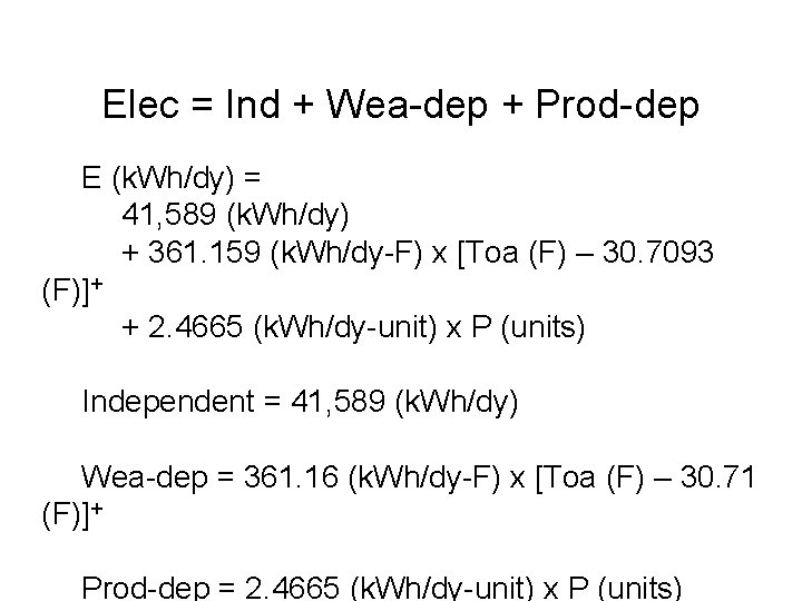 Elec = Ind + Wea-dep + Prod-dep E (k. Wh/dy) = 41, 589 (k.