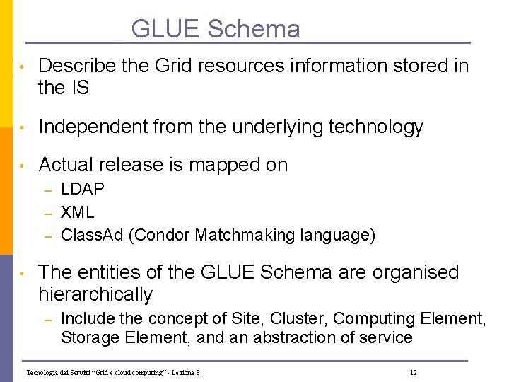 GLUE Schema • Describe the Grid resources information stored in the IS • Independent