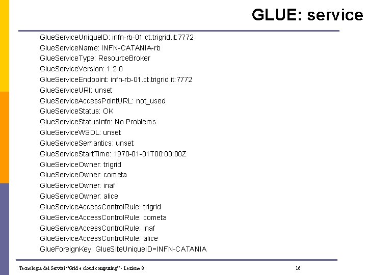 GLUE: service Glue. Service. Unique. ID: infn-rb-01. ct. trigrid. it: 7772 Glue. Service. Name: