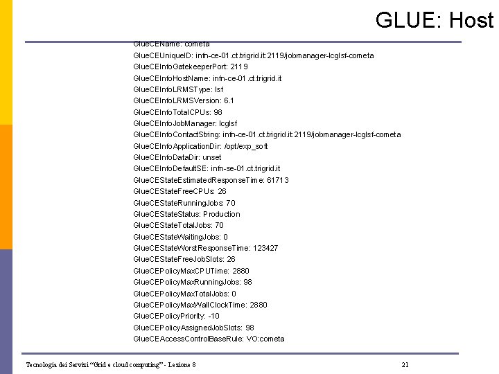 GLUE: Host Glue. CEName: cometa Glue. CEUnique. ID: infn-ce-01. ct. trigrid. it: 2119/jobmanager-lcglsf-cometa Glue.