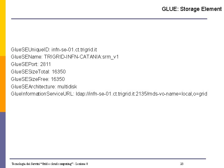 GLUE: Storage Element Glue. SEUnique. ID: infn-se-01. ct. trigrid. it Glue. SEName: TRIGRID-INFN-CATANIA: srm_v