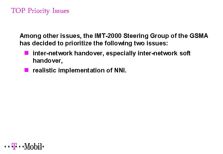 TOP Priority Issues Among other issues, the IMT-2000 Steering Group of the GSMA has