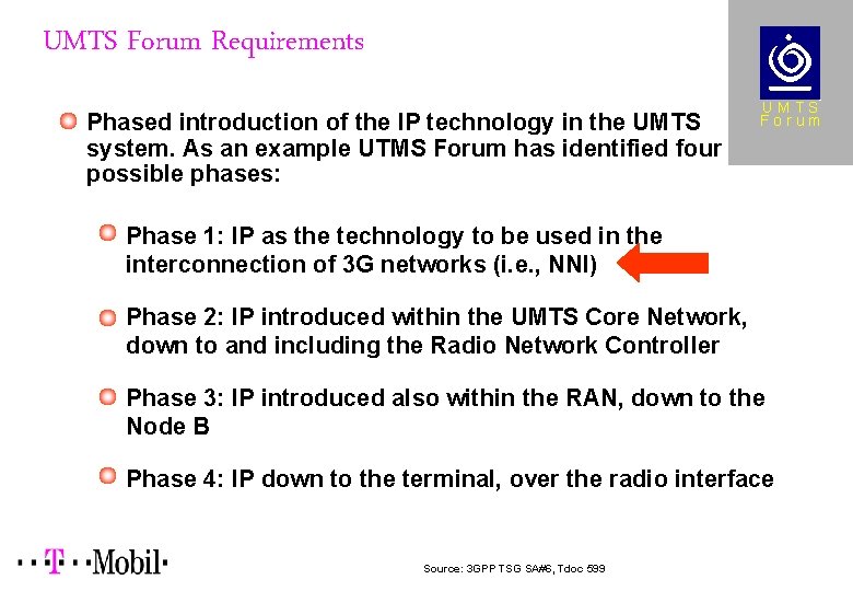 UMTS Forum Requirements Phased introduction of the IP technology in the UMTS system. As