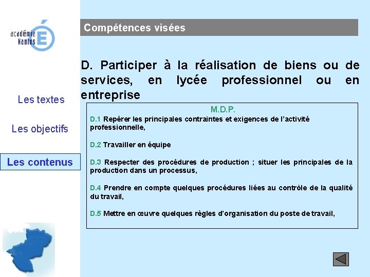 Compétences visées Les textes D. Participer à la réalisation de biens ou de services,