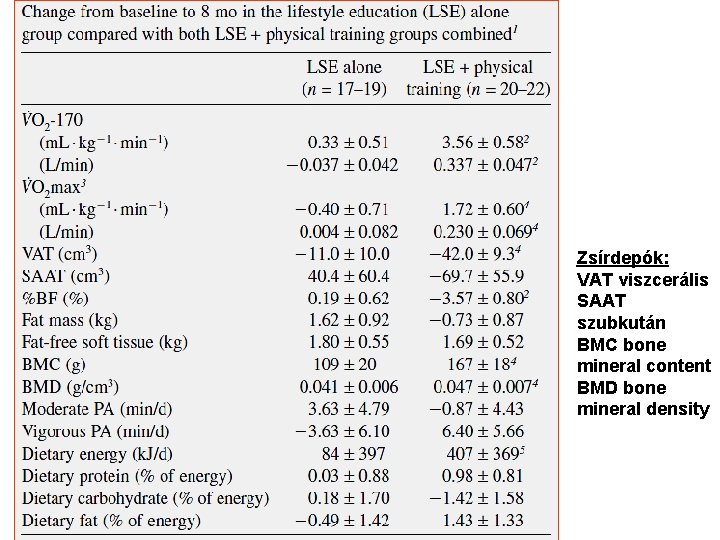 Zsírdepók: VAT viszcerális SAAT szubkután BMC bone mineral content BMD bone mineral density 