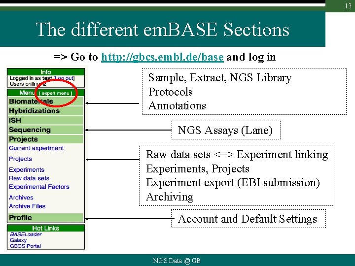 13 The different em. BASE Sections => Go to http: //gbcs. embl. de/base and