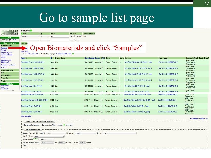 17 Go to sample list page Open Biomaterials and click “Samples” 