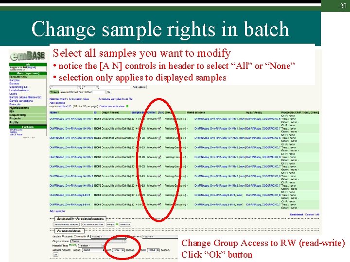 20 Change sample rights in batch Select all samples you want to modify •