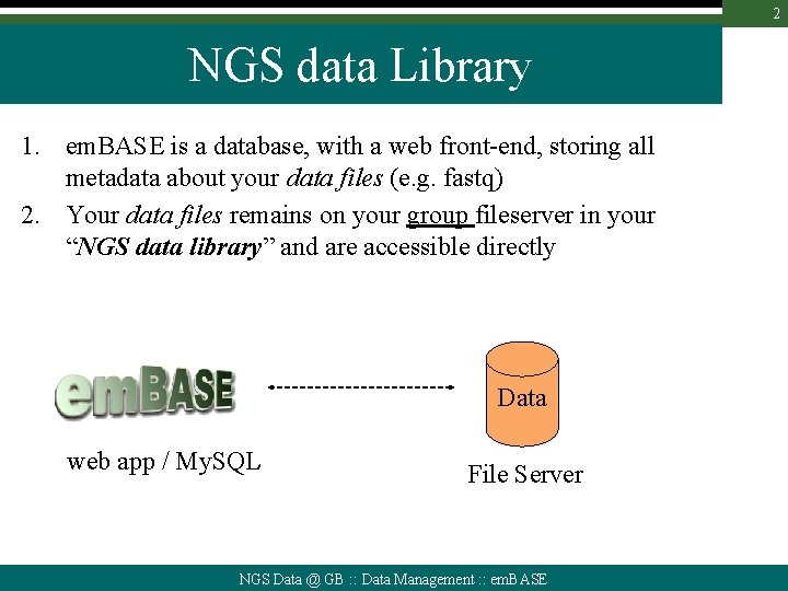 2 NGS data Library 1. em. BASE is a database, with a web front-end,