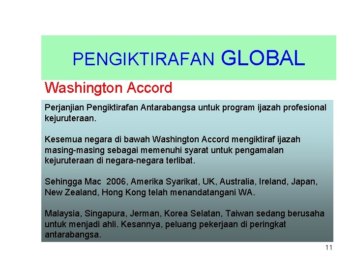 PENGIKTIRAFAN GLOBAL Washington Accord Perjanjian Pengiktirafan Antarabangsa untuk program ijazah profesional kejuruteraan. Kesemua negara