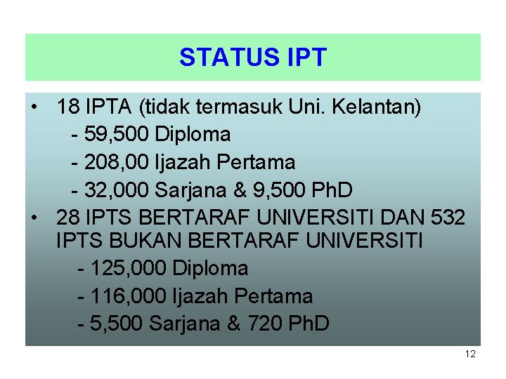 STATUS IPT • 18 IPTA (tidak termasuk Uni. Kelantan) - 59, 500 Diploma -