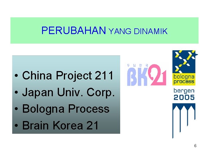 PERUBAHAN YANG DINAMIK • • China Project 211 Japan Univ. Corp. Bologna Process Brain