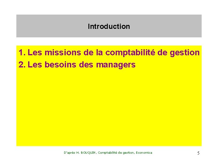 Introduction 1. Les missions de la comptabilité de gestion 2. Les besoins des managers