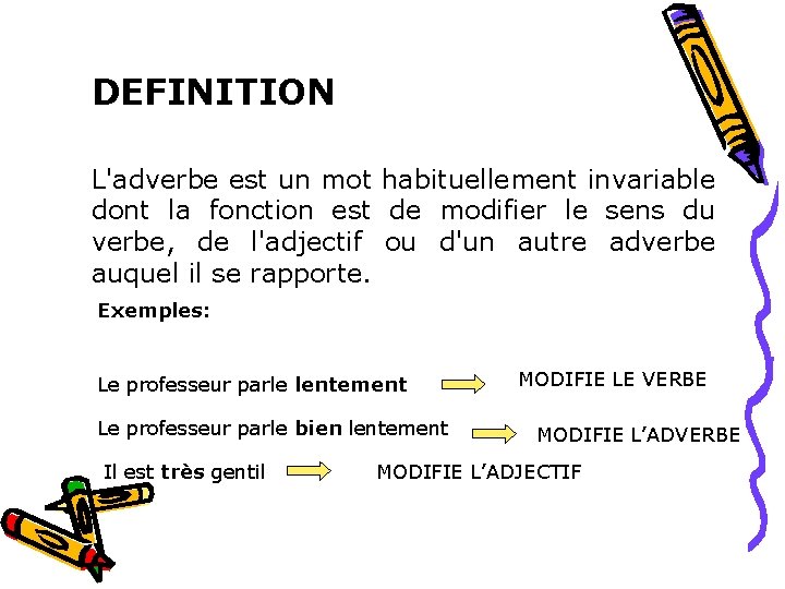 DEFINITION L'adverbe est un mot habituellement invariable dont la fonction est de modifier le DEFINITION L'adverbe est un mot habituellement invariable dont la fonction est de modifier le