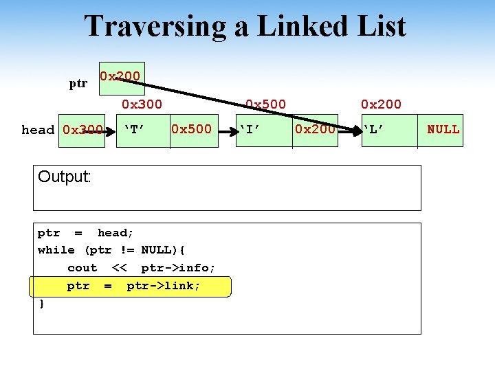 Traversing a Linked List ptr 0 x 200 0 x 300 head 0 x