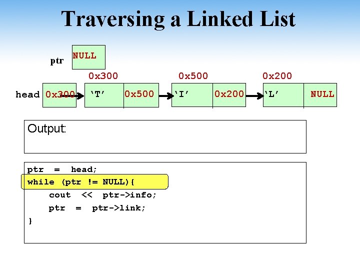 Traversing a Linked List ptr NULL 0 x 300 head 0 x 300 ‘T’