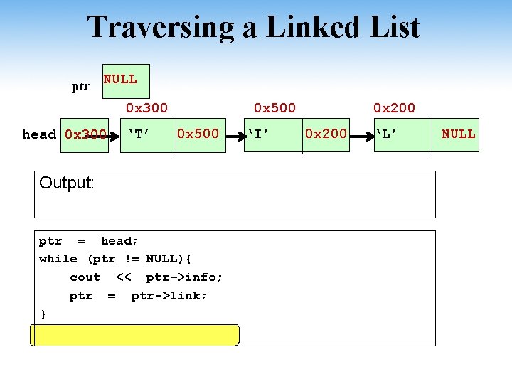 Traversing a Linked List ptr NULL 0 x 300 head 0 x 300 ‘T’