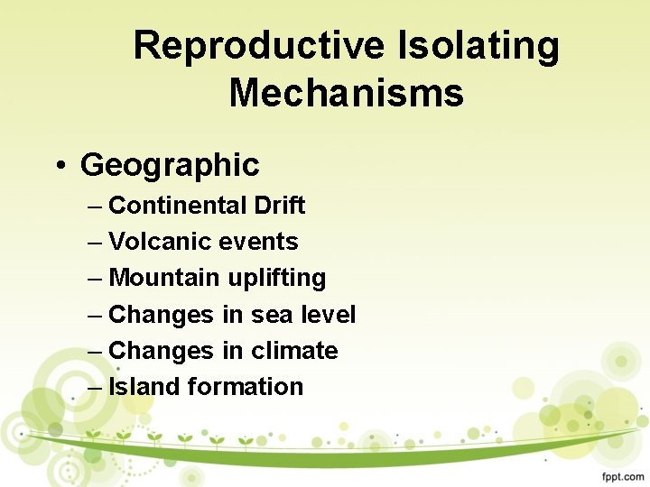Reproductive Isolating Mechanisms • Geographic – Continental Drift – Volcanic events – Mountain uplifting