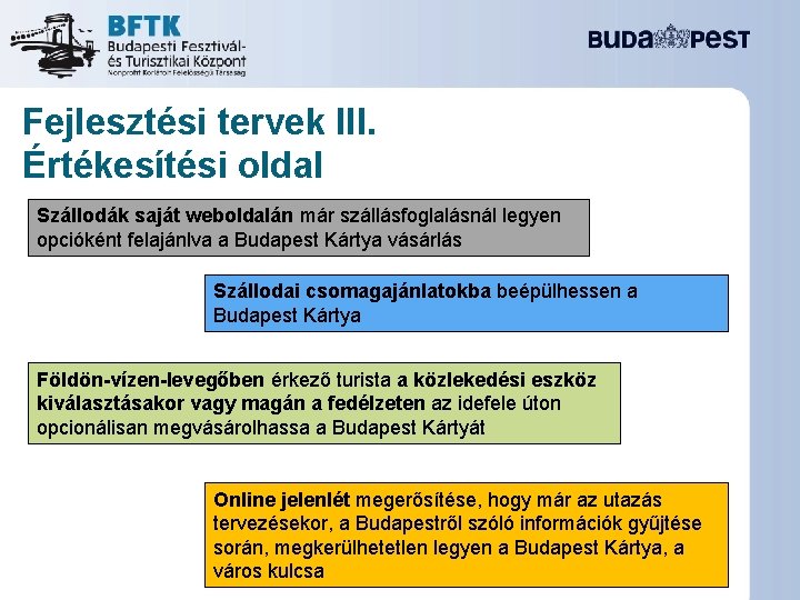 Fejlesztési tervek III. Értékesítési oldal Szállodák saját weboldalán már szállásfoglalásnál legyen opcióként felajánlva a