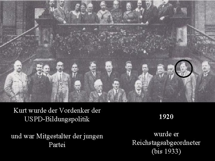 Kurt wurde der Vordenker der USPD-Bildungspolitik 1920 und war Mitgestalter der jungen Partei wurde