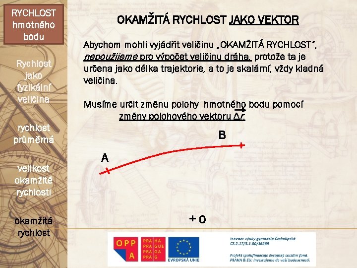 RYCHLOST hmotného bodu Rychlost jako fyzikální veličina OKAMŽITÁ RYCHLOST JAKO VEKTOR Abychom mohli vyjádřit