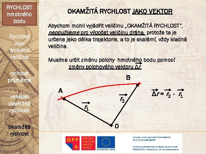 RYCHLOST hmotného bodu Rychlost jako fyzikální veličina OKAMŽITÁ RYCHLOST JAKO VEKTOR Abychom mohli vyjádřit