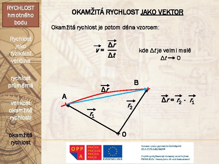 RYCHLOST hmotného bodu OKAMŽITÁ RYCHLOST JAKO VEKTOR Okamžitá rychlost je potom dána vzorcem: Rychlost