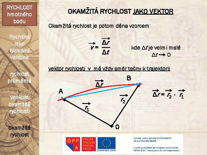 RYCHLOST hmotného bodu OKAMŽITÁ RYCHLOST JAKO VEKTOR Okamžitá rychlost je potom dána vzorcem: Rychlost