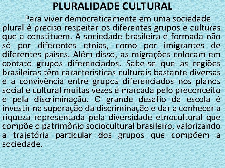 PLURALIDADE CULTURAL Para viver democraticamente em uma sociedade plural é preciso respeitar os diferentes