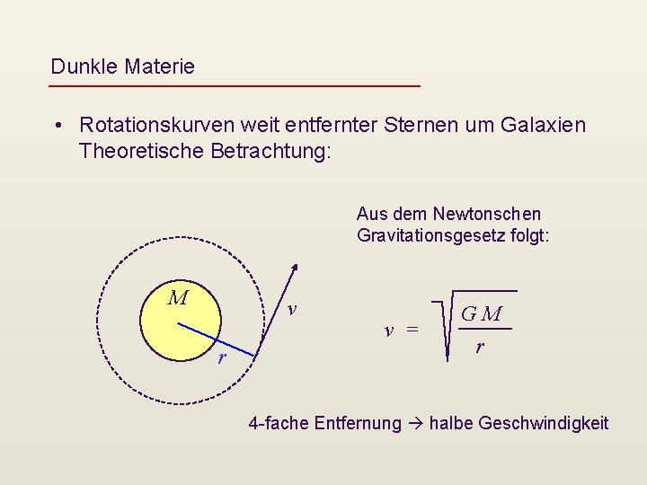 Dunkle Materie • Rotationskurven weit entfernter Sternen um Galaxien Theoretische Betrachtung: Aus dem Newtonschen