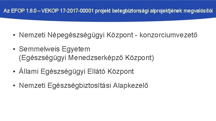 Az EFOP 1. 8. 0 – VEKOP 17 -2017 -00001 projekt betegbiztonsági alprojektjének megvalósítói