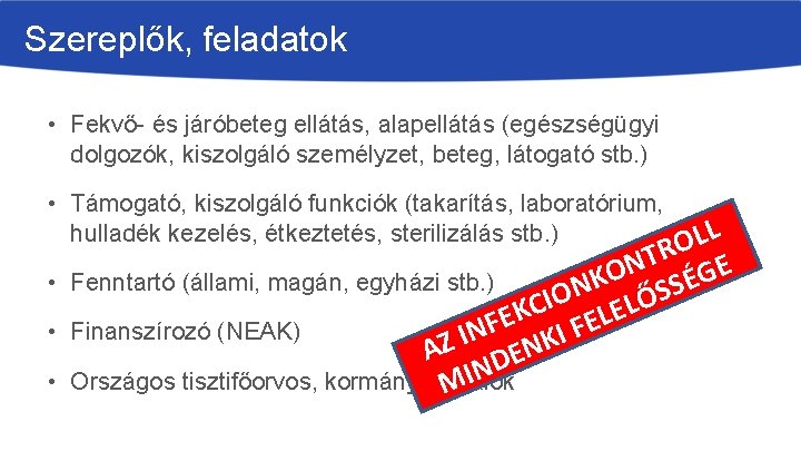 Szereplők, feladatok • Fekvő- és járóbeteg ellátás, alapellátás (egészségügyi dolgozók, kiszolgáló személyzet, beteg, látogató