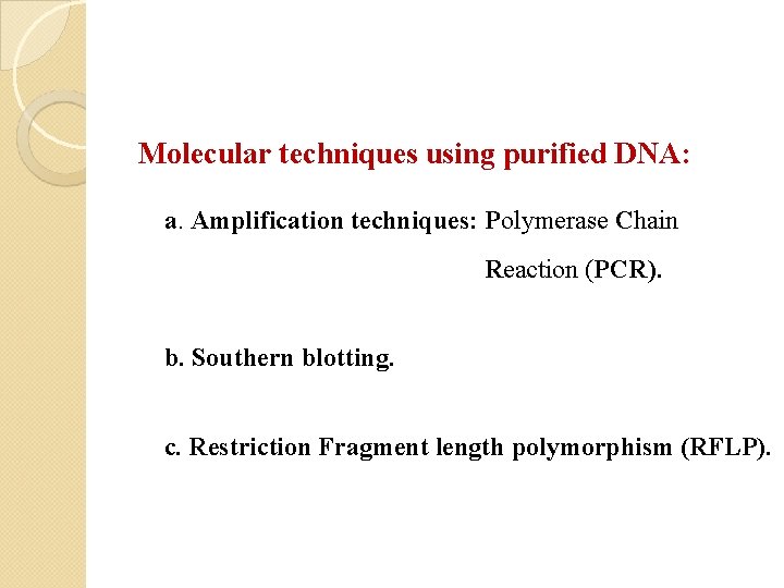 Molecular techniques using purified DNA: a. Amplification techniques: Polymerase Chain Reaction (PCR). b. Southern