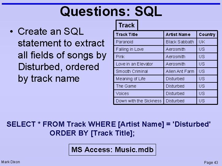 Questions: SQL • Create an SQL statement to extract all fields of songs by
