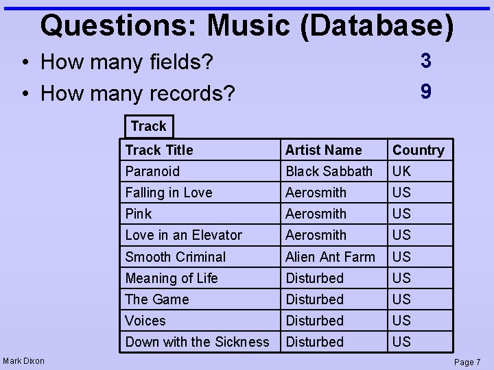 Questions: Music (Database) • How many fields? • How many records? 3 9 Track