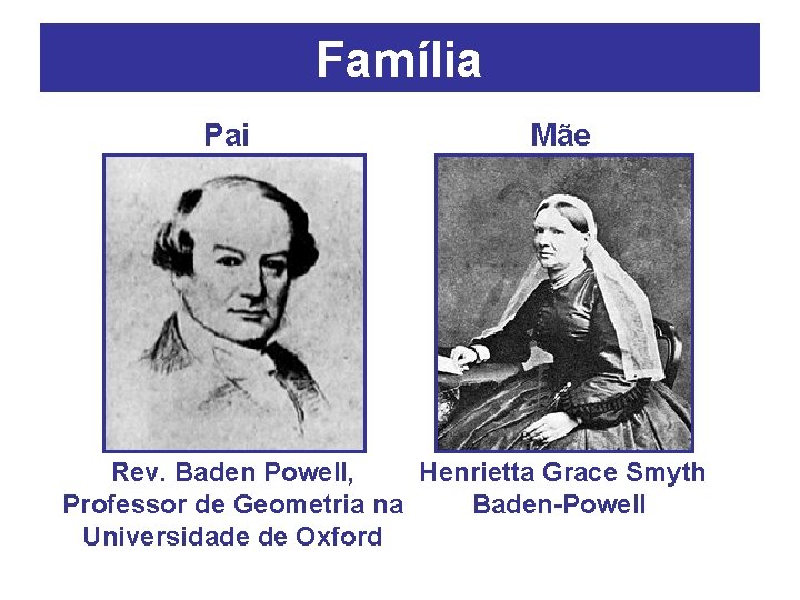 Família Pai Mãe Rev. Baden Powell, Henrietta Grace Smyth Professor de Geometria na Baden-Powell