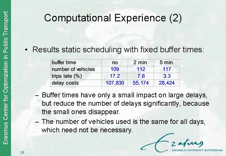 Erasmus Center for Optimization in Public Transport Computational Experience (2) • Results static scheduling