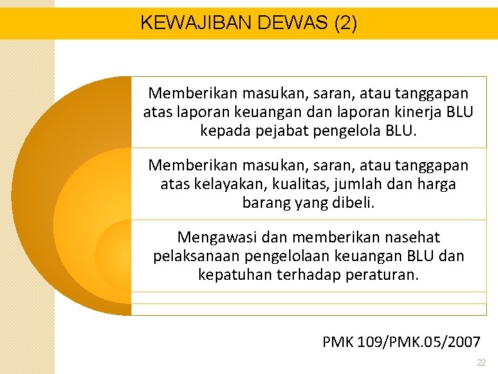 KEWAJIBAN DEWAS (2) Memberikan masukan, saran, atau tanggapan atas laporan keuangan dan laporan kinerja